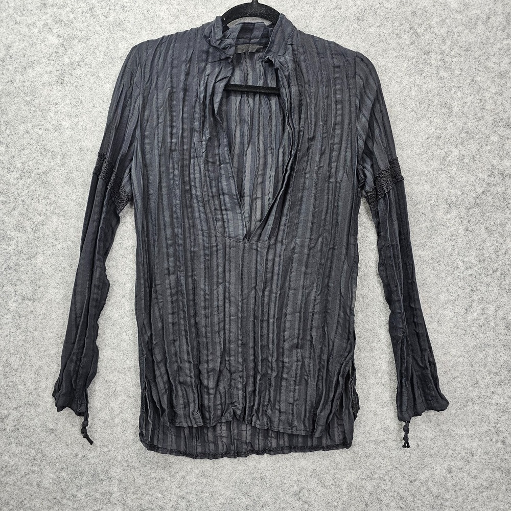 Y2K Grunge Linen Tunic Top Womens M Black Witchy Summer Sheer Striped Split Neck